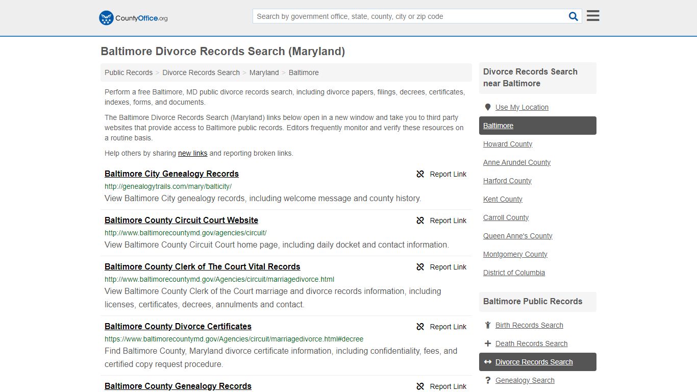 Baltimore Divorce Records Search (Maryland) - County Office
