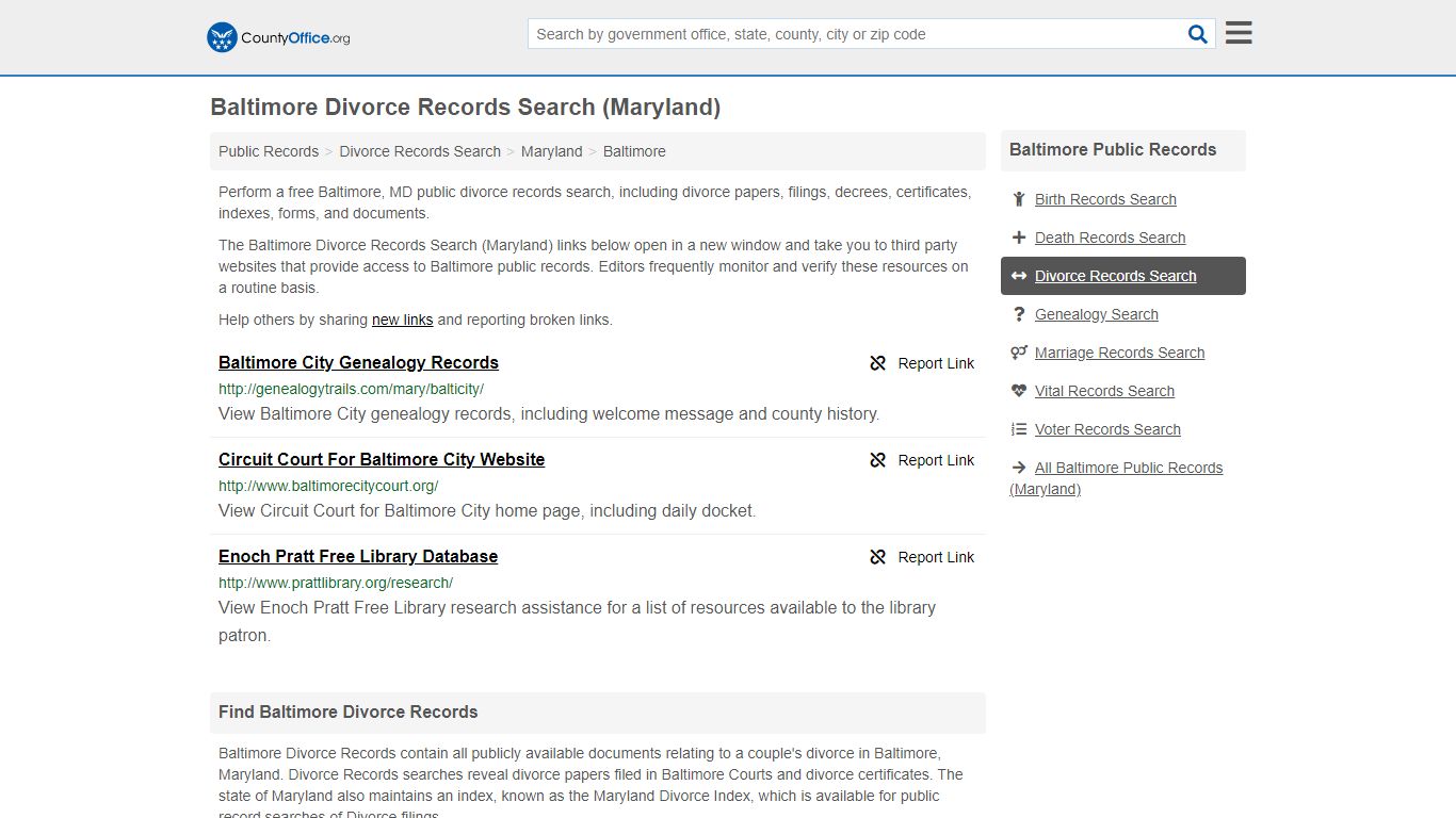 Baltimore Divorce Records Search (Maryland) - County Office
